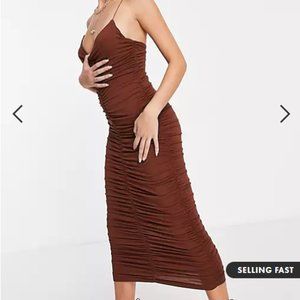 ASOS DESIGN cami strappy midi dress with ruched detail in brown
